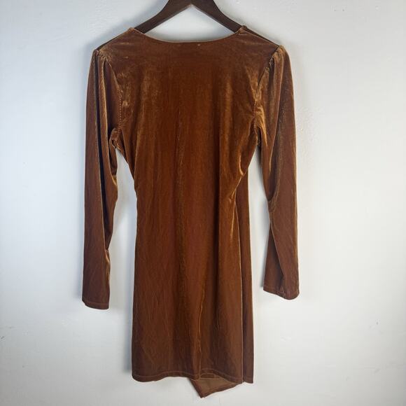 CHOCOLATE Bronze Velvet Wrap Mini Dress Long Sleeve Large Bodycon Cocktail Party - Picture 3 of 8